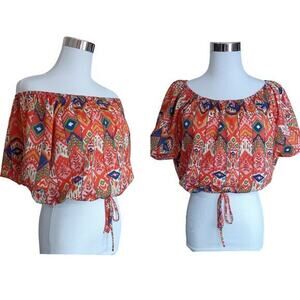 VINTAGE 90s Y2K‎ Crop Top Size Small Loose Fit Orange Blue Aztec Tribal Festival